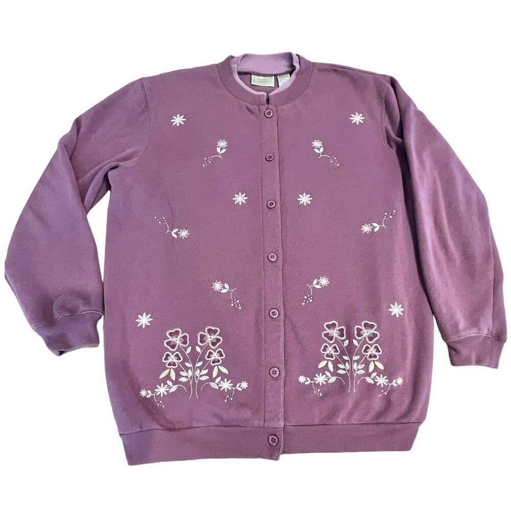 VTG Baxter & Wells Floral Cardigan Sweatshirt Cottagecore Purple Embroidered